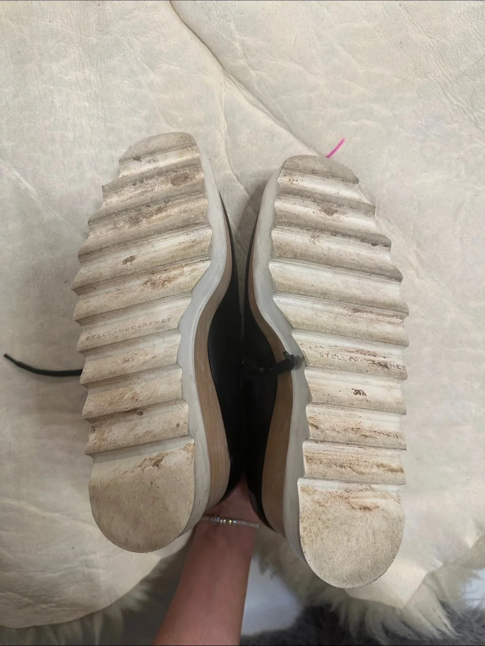 Stella McCartney Black Leather Platform Lace-Up Shoes with Wood-Look Midsole